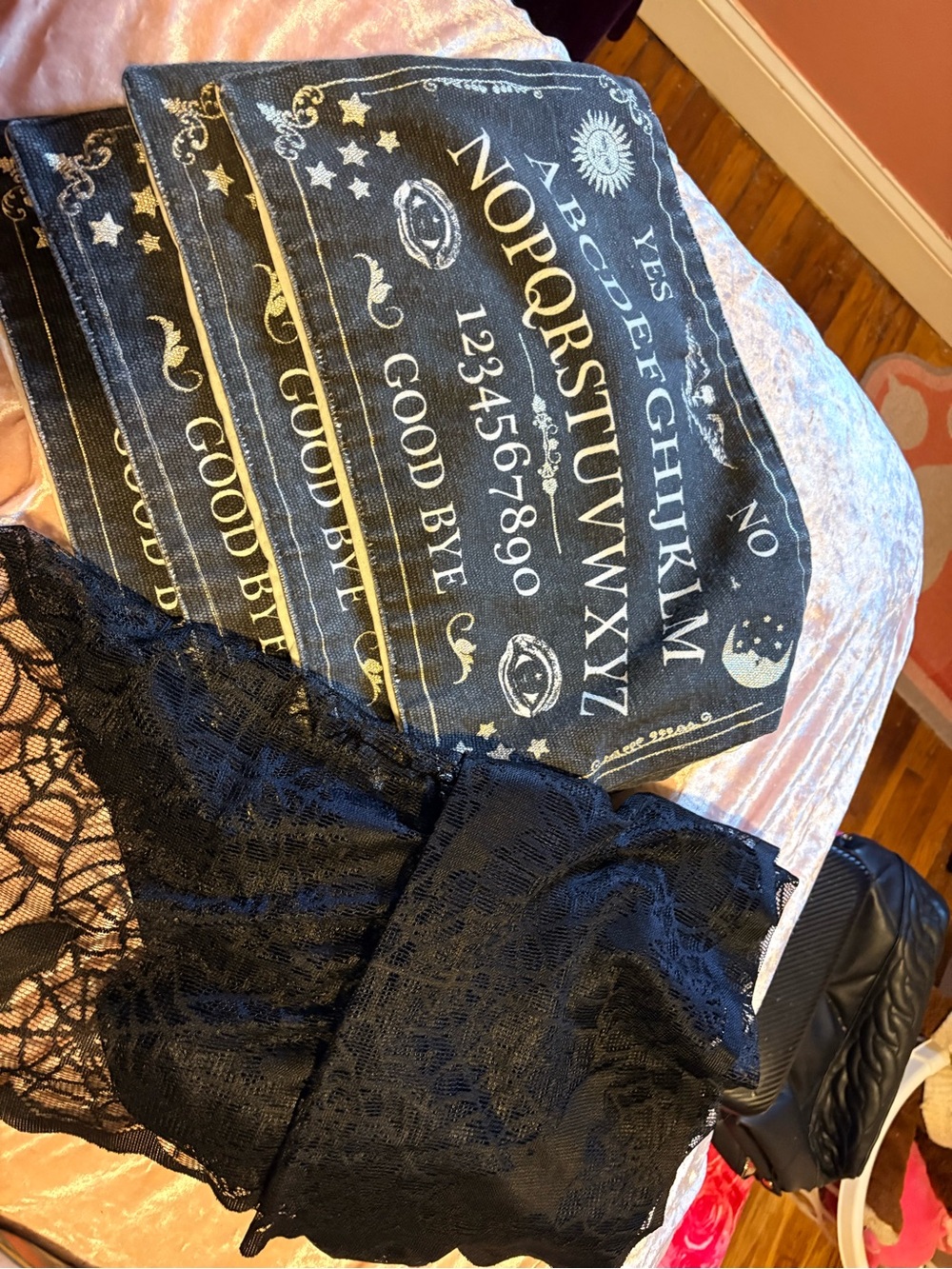 Black Ouija-Print Decorative Placemat and spiderwebs tablecloth set